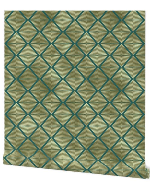Teal and Faux Gold Foil Vintage Art Deco Lined Diamonds Pattern Wallpaper