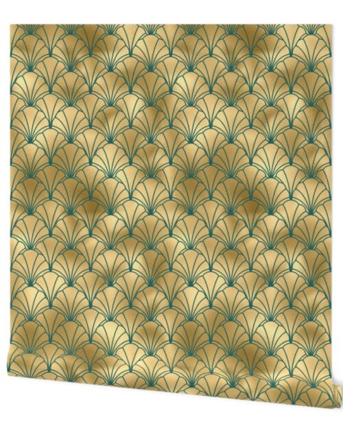 Teal and Faux Gold Foil Vintage Art Deco Scallop Shell Pattern Wallpaper
