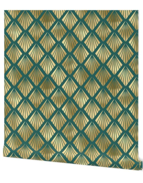 Teal and Faux Gold Vintage Foil Art Deco Diamond Fan Pattern Wallpaper