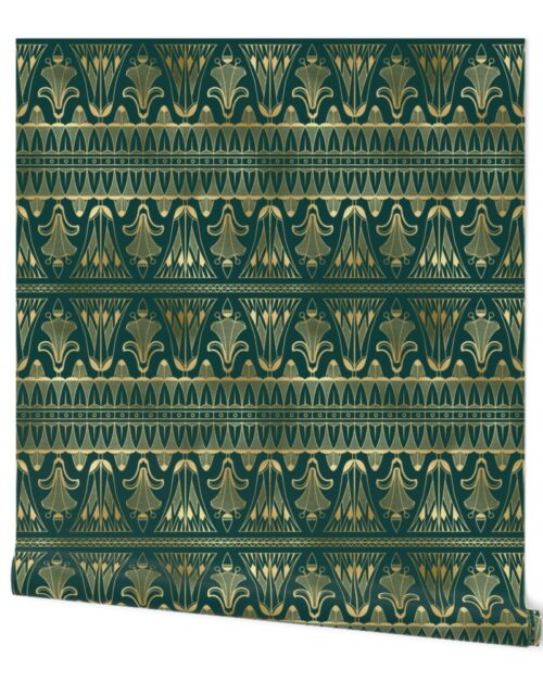 Teal and Faux Gold Vintage Foil Art Deco Egg and Dart Frieze Pattern Wallpaper