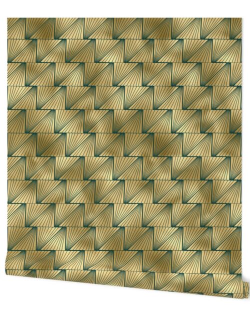 Teal and Faux Gold Vintage Foil Art Deco Lined Diamond Pattern Wallpaper