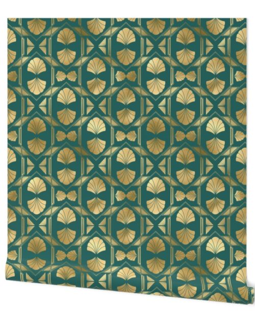 Teal and Faux Gold Vintage Foil Art Deco Scallop Shell Pattern Wallpaper