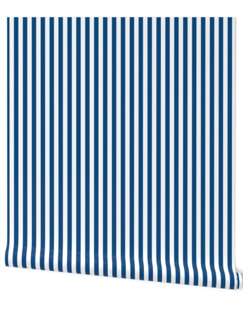 Classic Blue and White 1/2  inch Thin Vertical Picnic Stripes Wallpaper