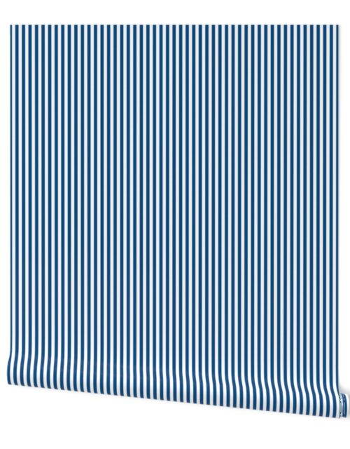 Narrow Vertical  ¼ inch Sailor Stripes in Classic Blue and White Wallpaper