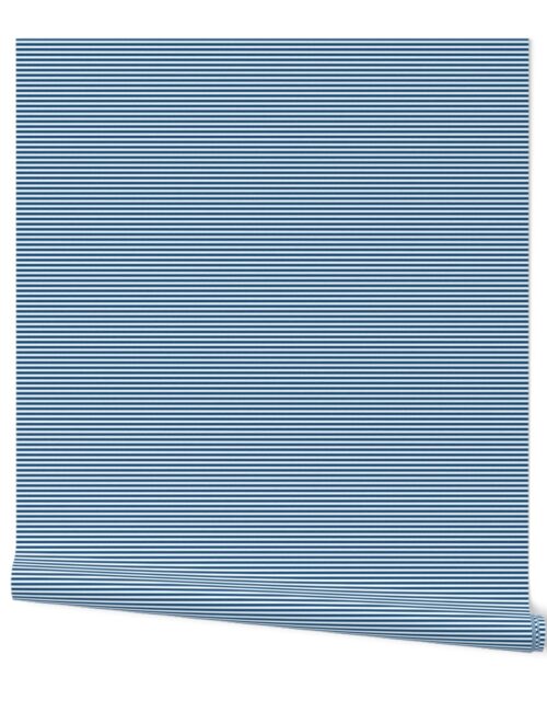 Classic Blue and White 1/8-inch Thin Pencil Horizontal Stripes Wallpaper