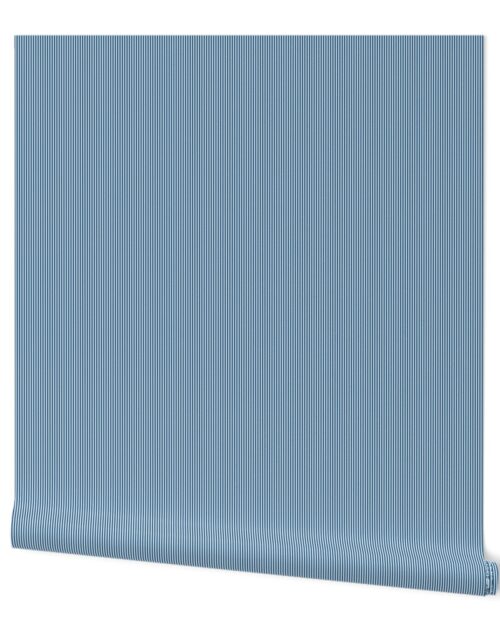 Classic Blue and White Micro Vertical 1/16 inch Pin Stripes Wallpaper