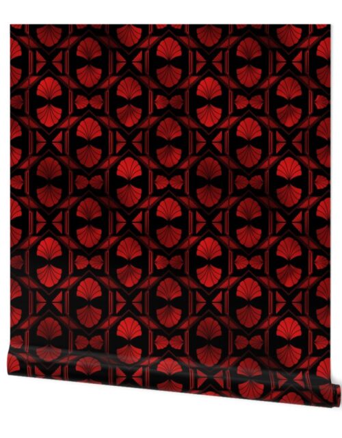 Scallop Shells in Black and Ruby Red Art Deco Vintage Faux Foil Pattern Wallpaper