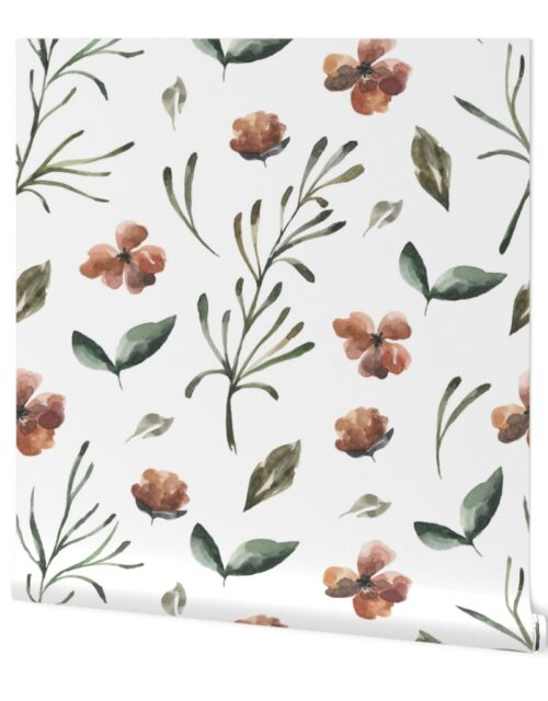 Woodsy Watercolor Sienna and Moss Flowers and Vines Wallpaper