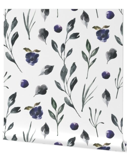 Woodsy Watercolor Iris Purple Blue and Moss Flowers and Vines Wallpaper
