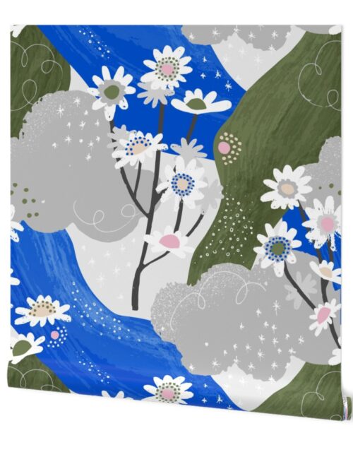 Tiny Blue and White Daisies Abstract Seamless Repeat Pattern Wallpaper