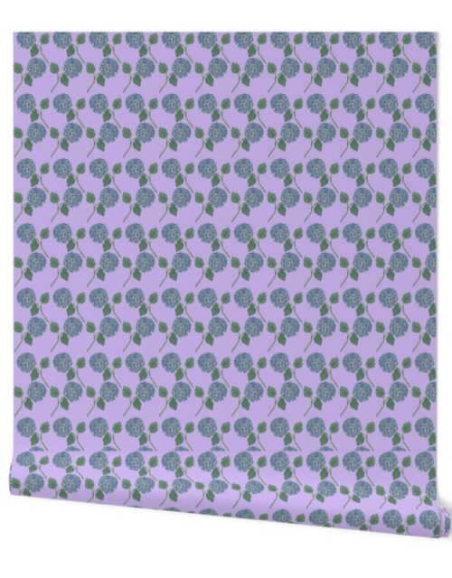 Blue Nantucket Hydrangeas Repeat on Pale Lilac Hand Painted Watercolor Wallpaper
