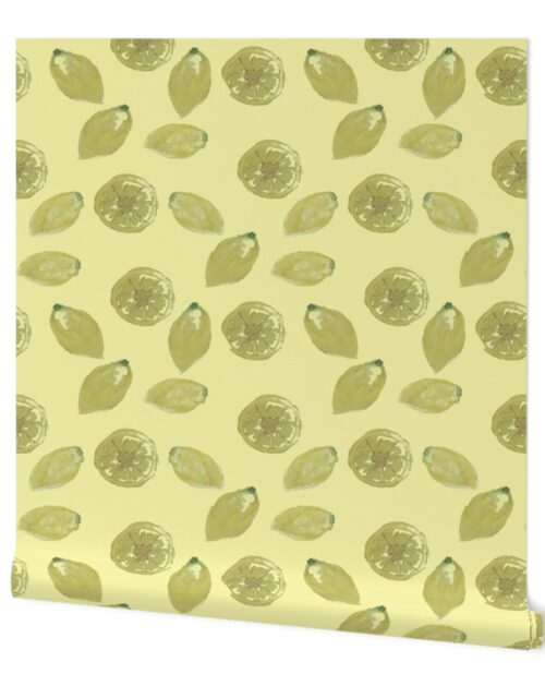 Yellow Lemon Fruits Sliced and Whole Lemons on Yellow Hand-Painted Watercolor Wallpaper