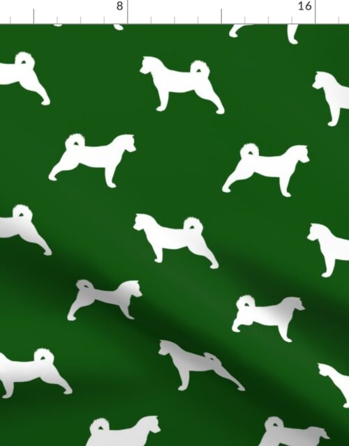 Akita Dog in White Silhouette on Solid Hunter Green Fabric