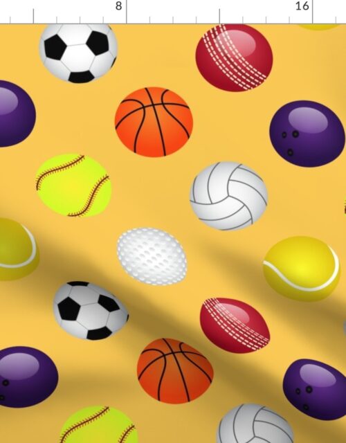 All Sports Balls Soccer, Tennis, Basket, Base, Cricket, Volley, Golf, Soft and Pool Balls on Bright Yellow Fabric