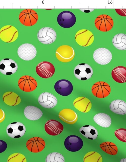 All Sports Balls Soccer, Tennis, Basket, Base, Cricket, Volley, Golf, Soft and Pool Balls on Grass Green Fabric