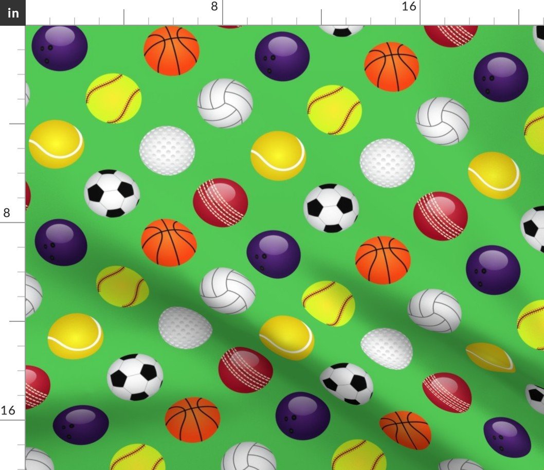 All Sports Balls Soccer, Tennis, Basket, Base, Cricket, Volley, Golf, Soft and Pool Balls on Grass Green Fabric