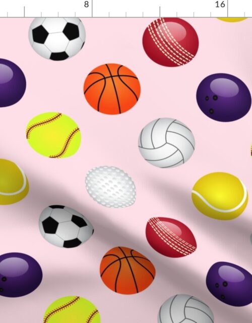 All Sports Balls Soccer, Tennis, Basket, Base, Cricket, Volley, Golf, Soft and Pool Balls on Powder Pink Fabric