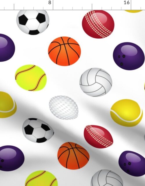 All Sports Balls Soccer, Tennis, Basket, Base, Cricket, Volley, Golf, Soft and Pool Balls on White Fabric