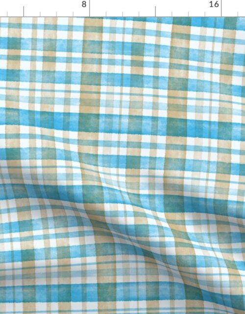 Aqua Blue and Brown Watercolor Tartan Checked Plaid Fabric