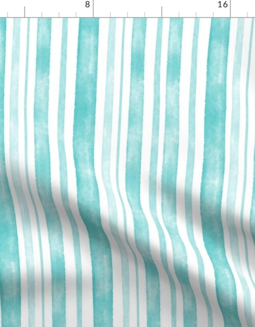 Aqua Watercolor Vertical Stripes Varied Thick and Thin Fabric