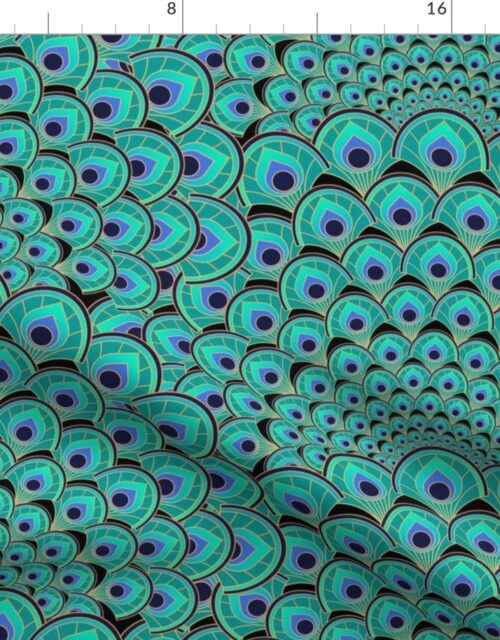 Art Deco Peacock Feathers Black Jade Green Blue and Gold Fabric