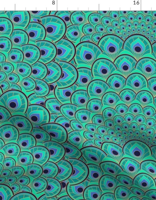 Art Deco Peacock Feathers Turquoise Green Blue and Gold Fabric