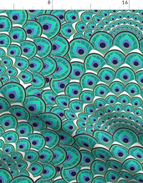 Art Deco Peacock Feathers White Jade Green Blue and Gold Fabric