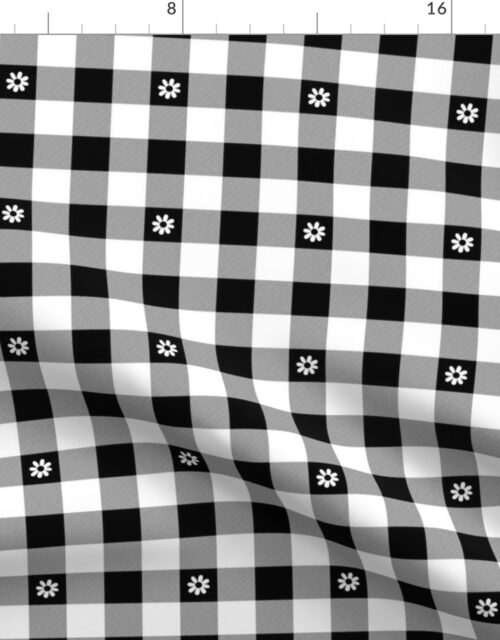 BBlack and White Gingham Check with Center Floral Medallions in White Fabric
