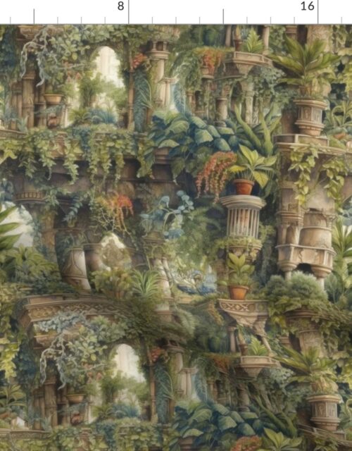 Babylonian Hanging Gardens with Dense Underbrush and Temple Ruins Fabric