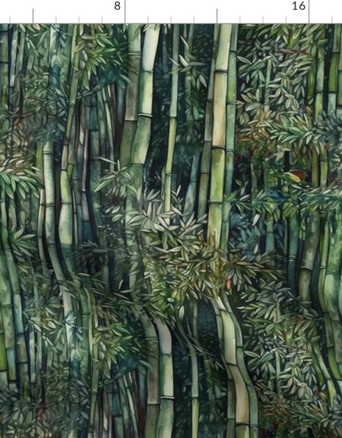 Bamboo Trees in Endless Lush Wet Hawaiian Forest Grove in Muted Green Watercolors Fabric