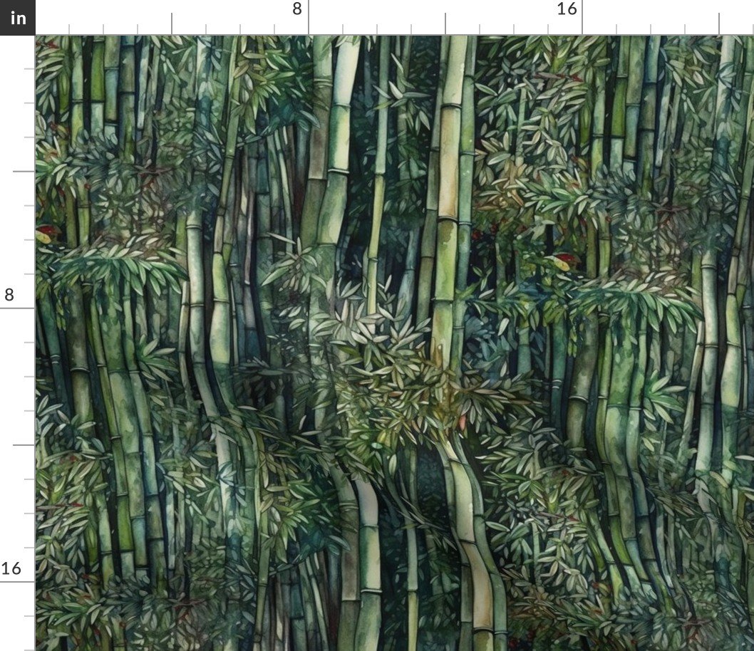 Bamboo Trees in Endless Lush Wet Hawaiian Forest Grove in Muted Green Watercolors Fabric