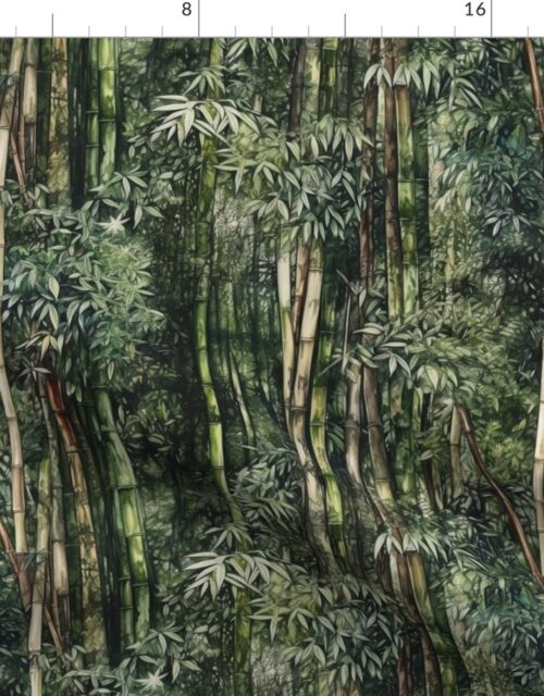 Bamboo Trees in Endless Lush Wet Rain Forest Grove in Green Watercolors Fabric