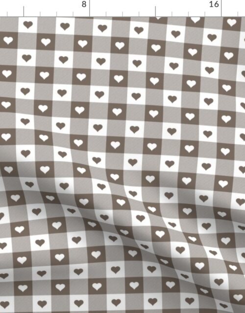 Bark and White Gingham Check with Center Hearts Medallions in Bark and White Fabric