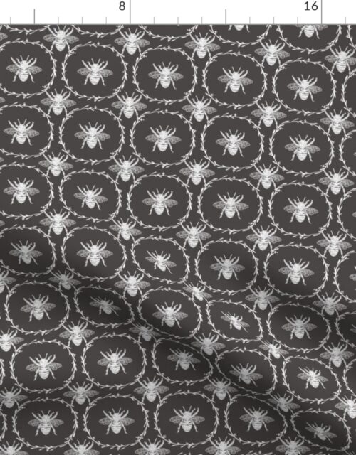 Bees Wreathed in White on Charcoal Grey Fabric