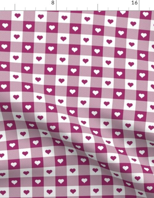 Berry and White Gingham Valentines Check with Center Heart Medallions in Berry and White Fabric