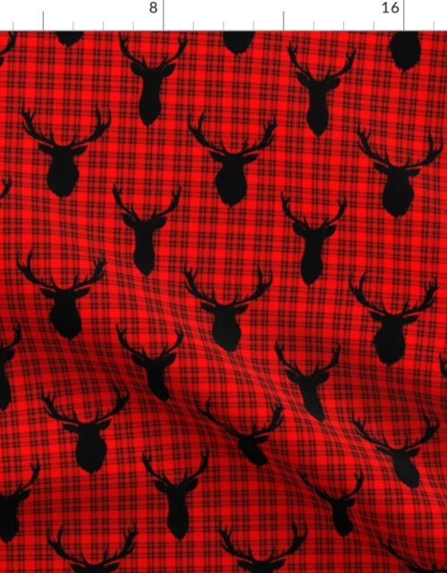 Black Buck Deer Trophy Heads with Antler Racks Mounted on Red and Black Tartan Fabric