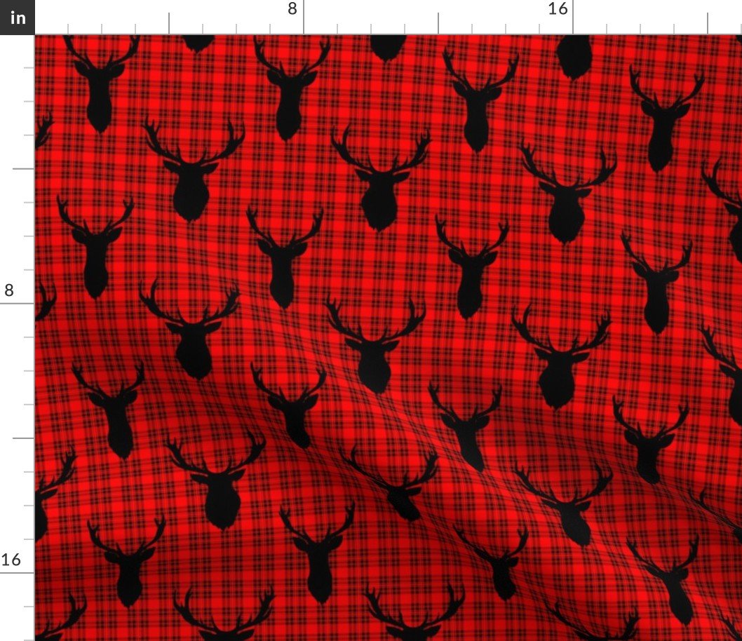 Black Buck Deer Trophy Heads with Antler Racks Mounted on Red and Black Tartan Fabric