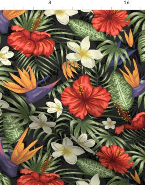 Black Hawaiian Hibiscus Tropical Rainforest Birds of Paradise and Plumeria Fabric