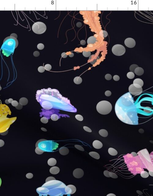 Black Sea with Swimming Dancing Translucent Jellyfish Fabric