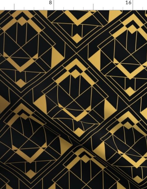 Black and Faux foil gold Vintage Art Deco Diagonal Diamond Geometric Repeat Fabric
