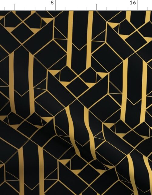 Black and Faux foil gold Vintage Art Deco Geometric Linear Repeat Pattern Fabric