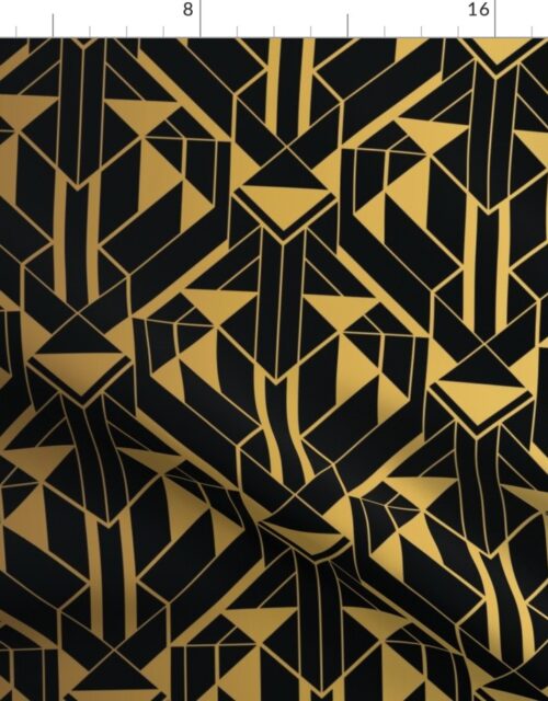 Black and Gold Faux Foil Vintage Art Deco Geometric Triangle Pattern Fabric