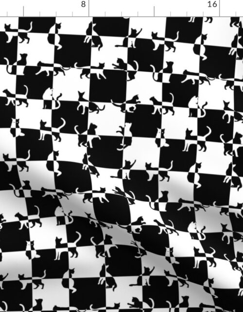 Black and White Cats on Black and White Checked Checker Board Pattern Fabric