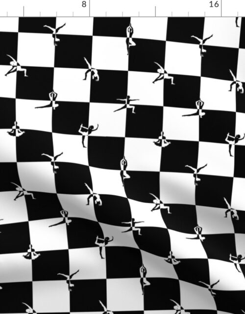 Black and White Checkerboard Check with Yoga Poses Fabric