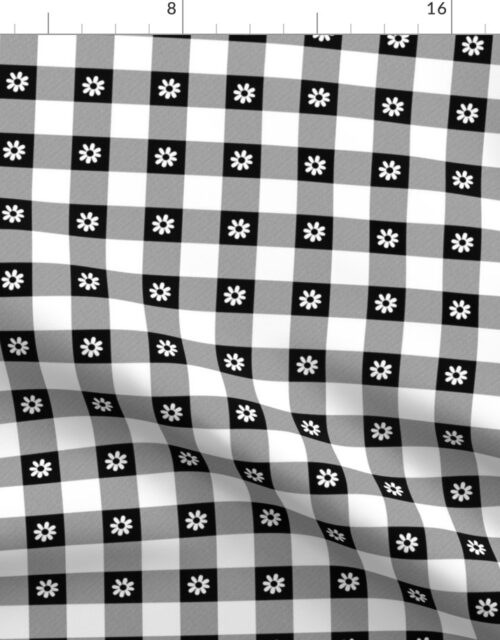 Black and White Gingham Check with Center Floral Medallions in White Fabric