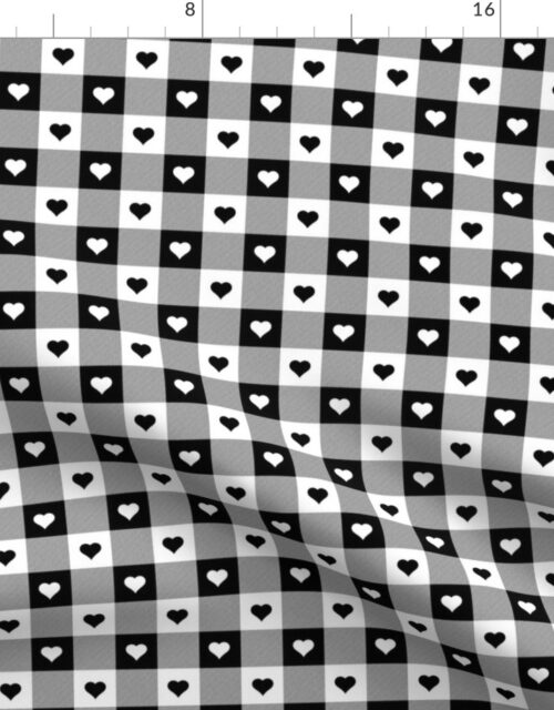 Black and White Valentines Gingham Check with Center Hearts in Black and White Fabric