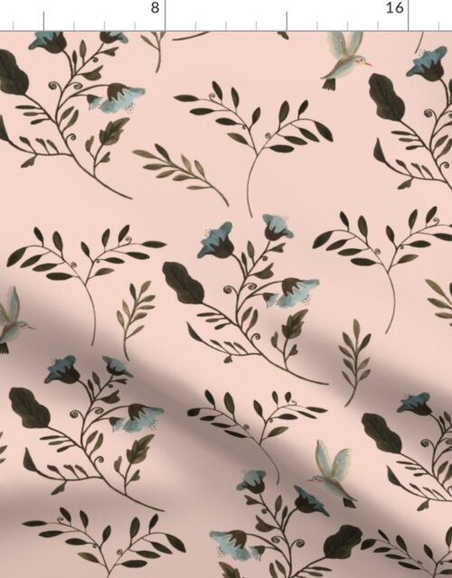 Blue Bluebells and Bluebirds Watercolored Floral Pattern on Soft Peach Fabric