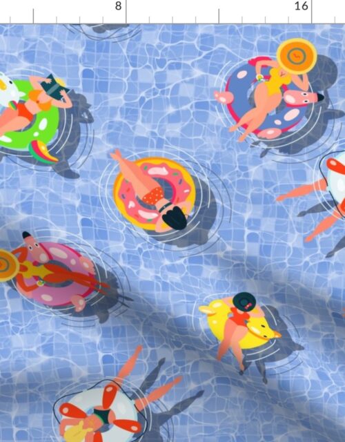 Blue Summer Pool Party with Ring Floats and Swimmers Fabric