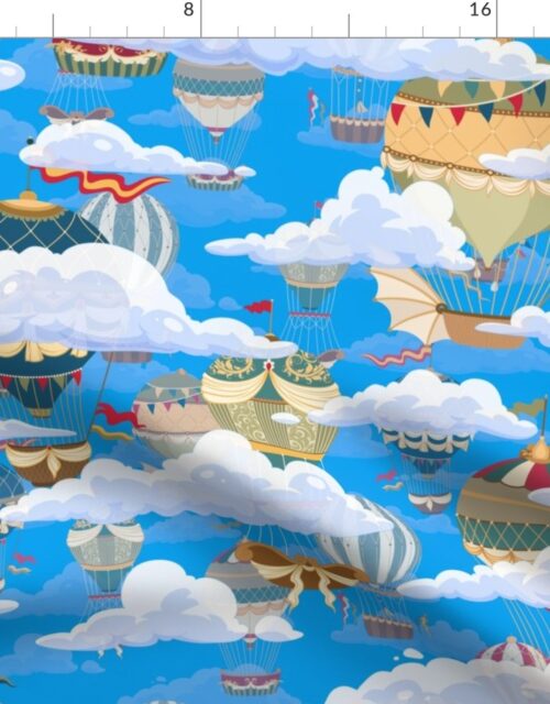 Blue Vintage Ornamental Winged Hot Air Helium Balloons in Clouds Race Fabric