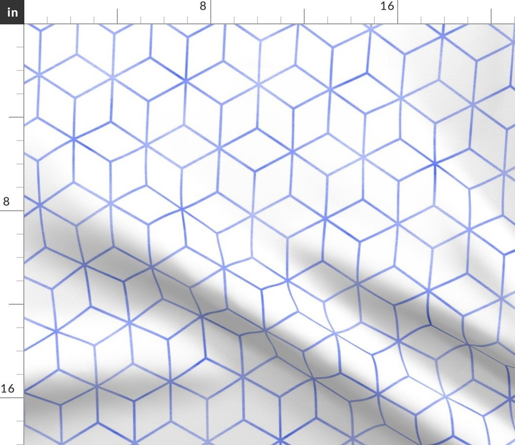 Blue and White  Faux Metallic Silver Art Deco 3D Geometric Cubes Fabric